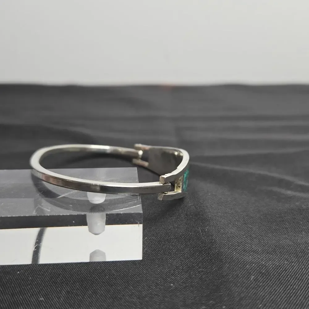 Vintage Taxco Mexico Turquoise Abalone Inlay Hinged Bracelet Silver Tone Metal - Picture 5 of 9